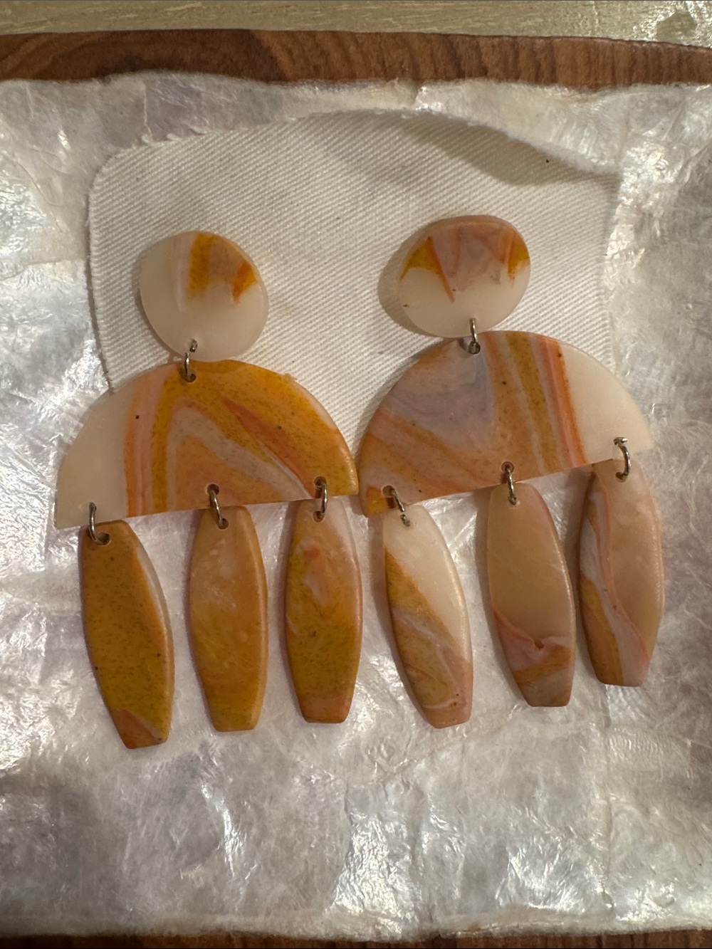 Handcrafted Marbled like Yellow tan/ rust Drop Earrings